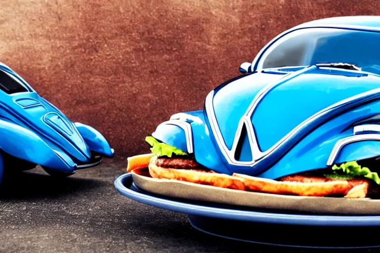 Image similar to a blue beetle car, with burgers for wheel rims