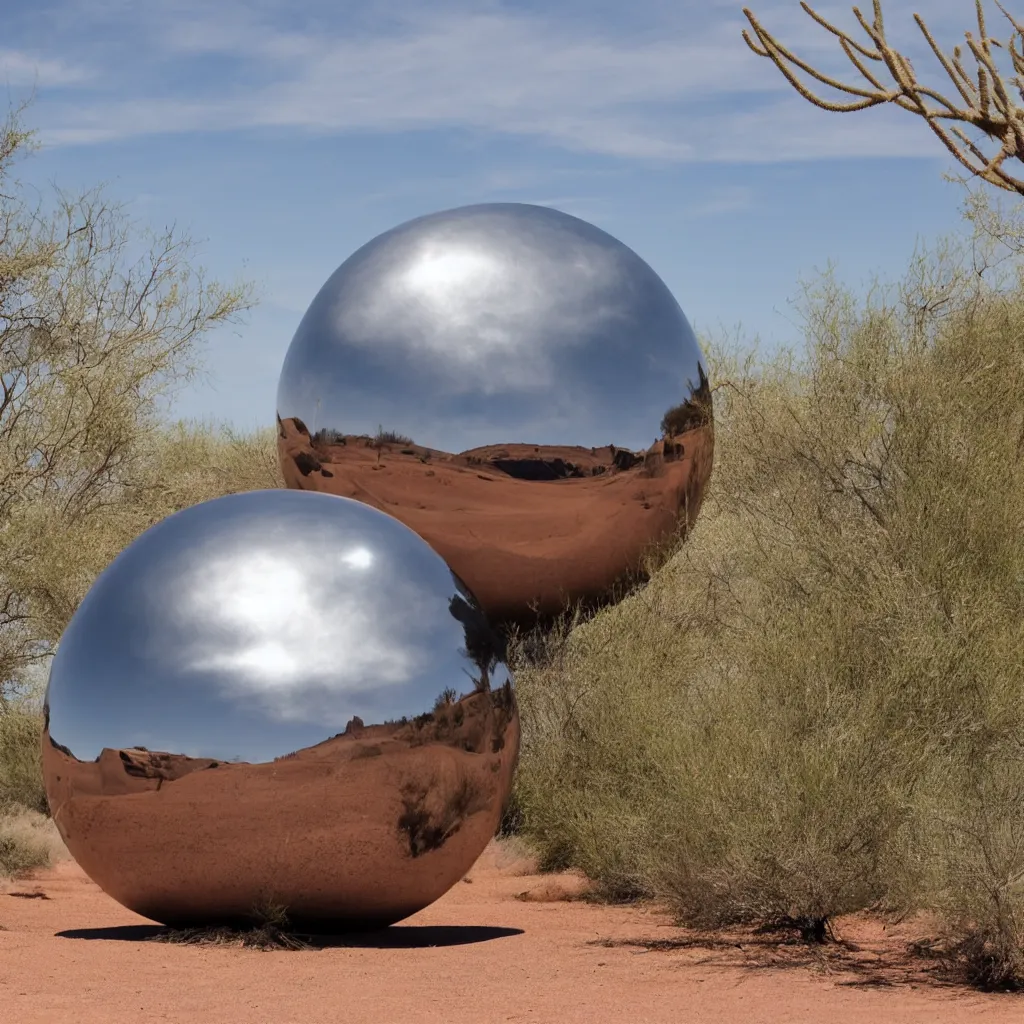 Image similar to a large metallic ball with a mirror finish sits in the arizona desert