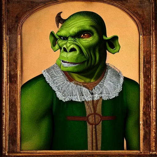 Image similar to detailed renaissance portrait painting of gentleman orc with green skin wearing brown expensive costume