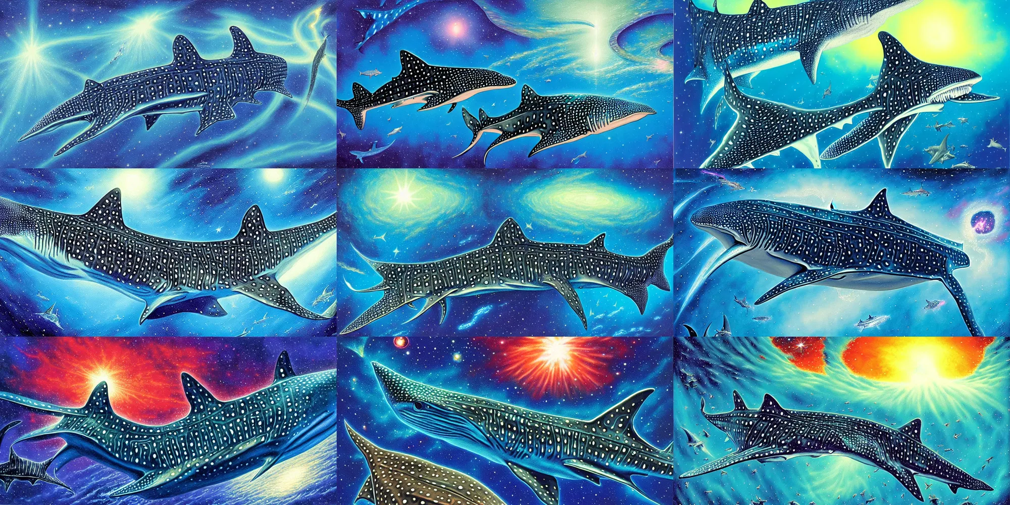 Prompt: finely detailed gouache painting of a whale shark, swirling luminous nebula background, bob eggleton, ultra detailed, gouache illustration of whale - shark foreground, colorful nebula background, mike ploog, sharp focus