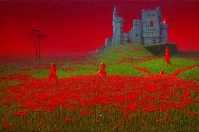 Image similar to only with red, red flowers of different types, a castle in the background, red orcs and trolls dance over the flowers, in the style of beksinski, part by hopper, part by rodcenko, part by hofbauer, intricate composition, red by caravaggio, insanely quality, highly detailed, masterpiece, red light, artstation, 8 k