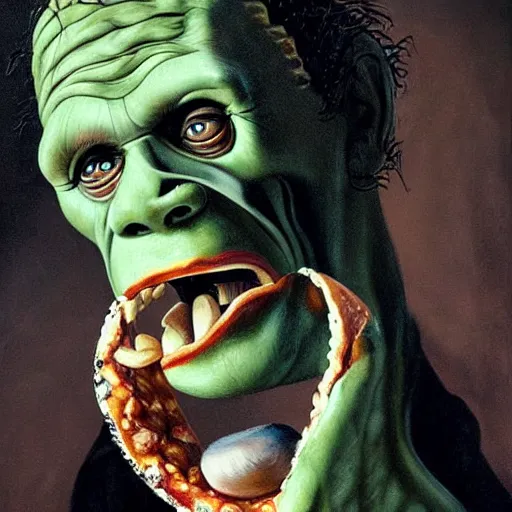 Image similar to hyper realistic painting of frankenstein eating a slice of pizza with his mouth wide open