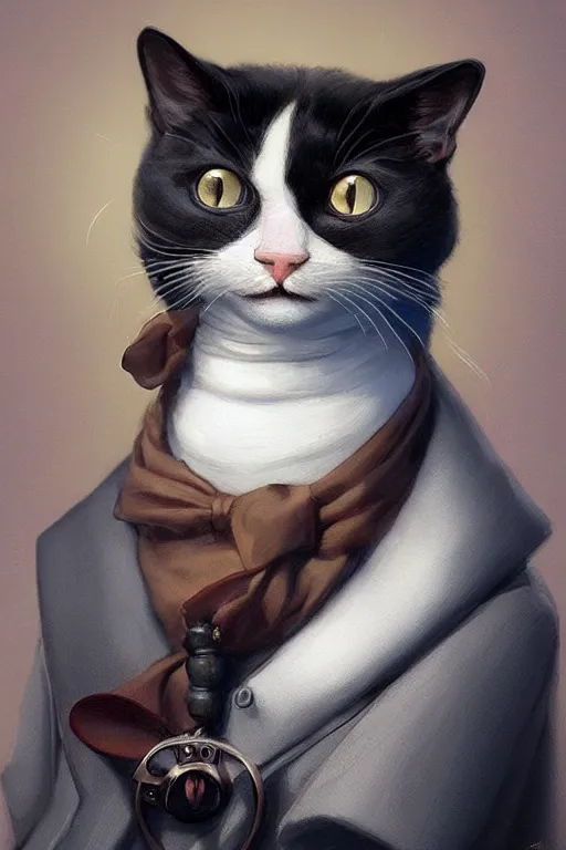 Image similar to cute anthropomorphic Portrait of a tuxedo cat, art portrait, matte fantasy painting, Cg society, Artstation, by Salvador Dali by Steve Argyle by Tyler Jacobson by Peter Mohrbacher, cinematic lighting