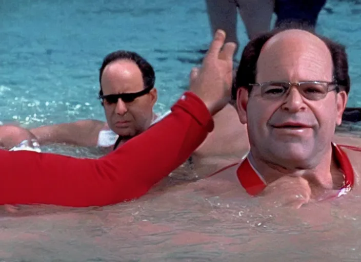 Prompt: film still of george costanza being rescued by a lifeguard in the new seinfeld episode, 4 k