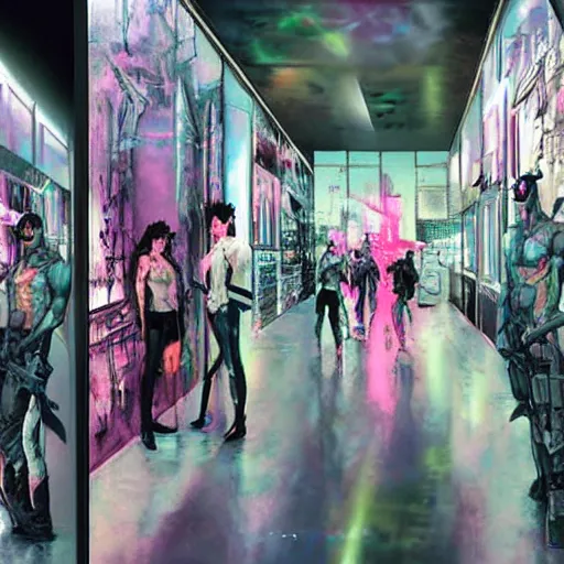 Image similar to cyberpunk inner gallery, iridescent tv repair shops, cybernetic body parts shops, pink noir matte painting by raoul ruiz, yoji shinkawa and esao andrews