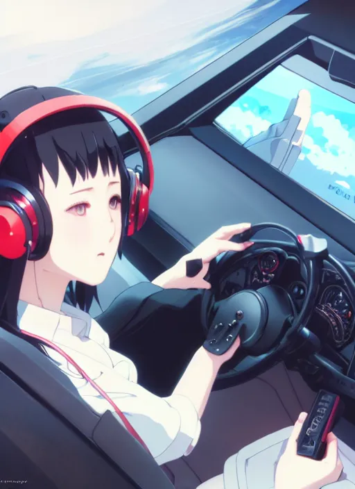 Prompt: portrait of girl driving on simulator and pc, personal room background, illustration concept art anime key visual trending pixiv fanbox by wlop and greg rutkowski and makoto shinkai and studio ghibli and kyoto animation, symmetrical facial features, daily clothing, red pilot headphones, fanatec direct drive, formula 1 wheel, volumetric lighting