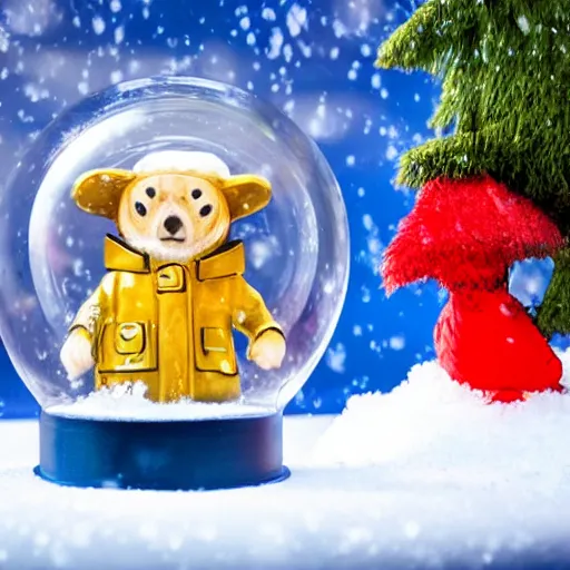 Image similar to paddington bear trying to escape from the inside of a snow globe