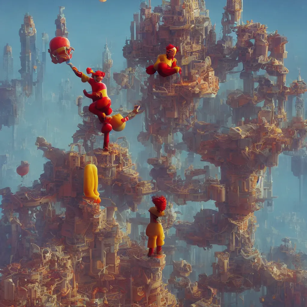 Image similar to ronald mcdonald statue in the world by beeple, darek zabrocki, tyler edlin, jordan grimmer, neil blevins, james paick, natasha tan, highly detailed, ultra detailed, ultra realistic, trending on artstation