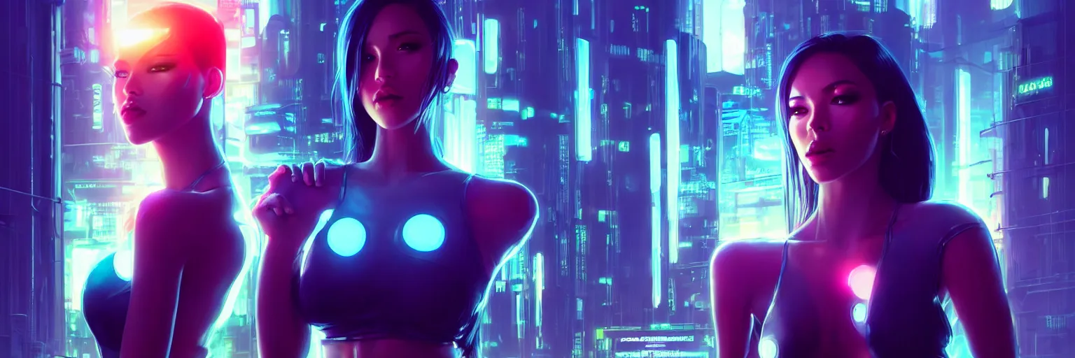 Image similar to backlit portrait of one female humanoid in a cyberpunk cityscape, half body cropping, elegant glamor pose, accurate anatomy, cyber led neon lighting, bokeh, rule of thirds, hyper photorealistic, crispy quality, digital photography, art by pascal blanche, art by artgerm, art by greg rutkowski,