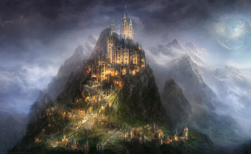 Prompt: beautiful secret city of the elves gondolin on top of a mountain, magical gloomy mystical. by konstantin razumov, fractal flame, chiaroscuro, highly detailded, mech robot