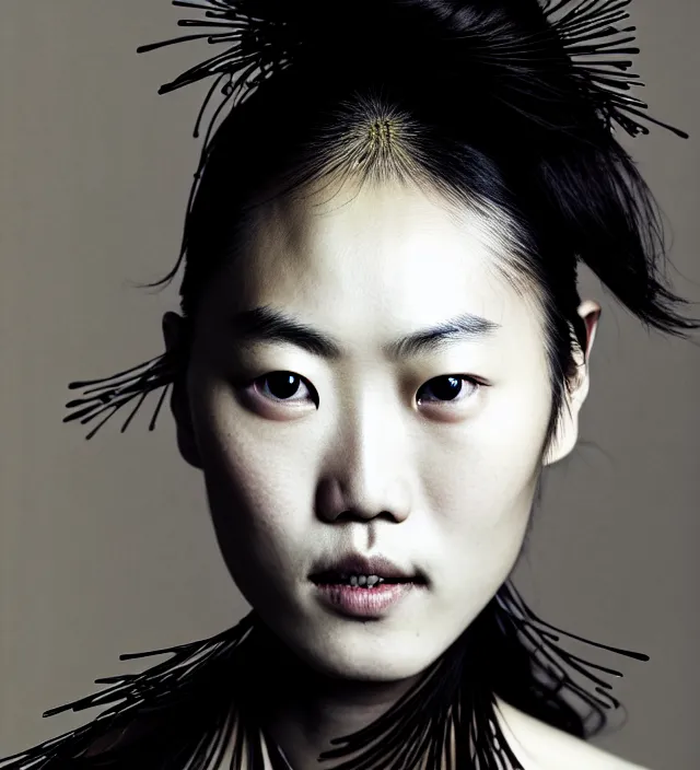 Image similar to photography facial portrait of liu wen, natural background, natural pose, wearing stunning cape by iris van herpen, with a colorfull makeup. highly detailed, skin grain detail, photography by paolo roversi, nick knight, helmut newton, avedon, araki