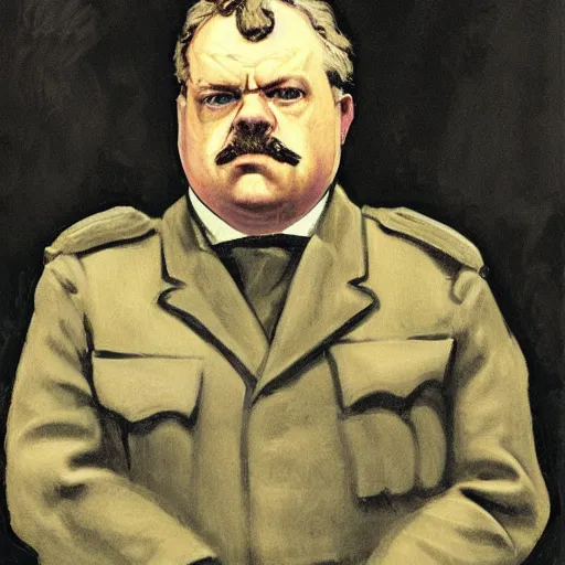 Image similar to gk chesterton as a buff mercenary in military gear. portrait by james gurney.