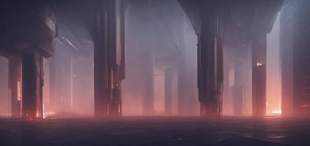 Image similar to dramatic view of empty brutalist cyberpunk underground structure, giant towering pillars, glowing orange fog, unreal engine, dramatic lighting, detailed, ambient occlusion, 3 d artstation render by paul chadeisson and jessica rossier