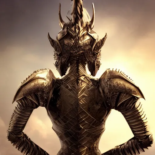 Prompt: stunning cinematic elegant back end shot with and upward angle, of a beautiful female knight, but as an anthropomorphic female dragon, well designed highly detailed cute female dragon head with slick eyes, looking back at the camera, well armored, sharp claws, arms crossed, HD octane render, fantasy, furry art, Artstation, Deviantart, Furaffinity