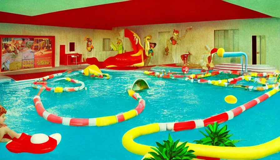 Image similar to 60s movie still of a Super Mario themed indoors swimming pool with plastic super mushrooms, green pipe water slides, plastic palm trees, cheap fluorescent lighting cinestill 800t 50mm eastmancolor, liminal Space style, heavy grain