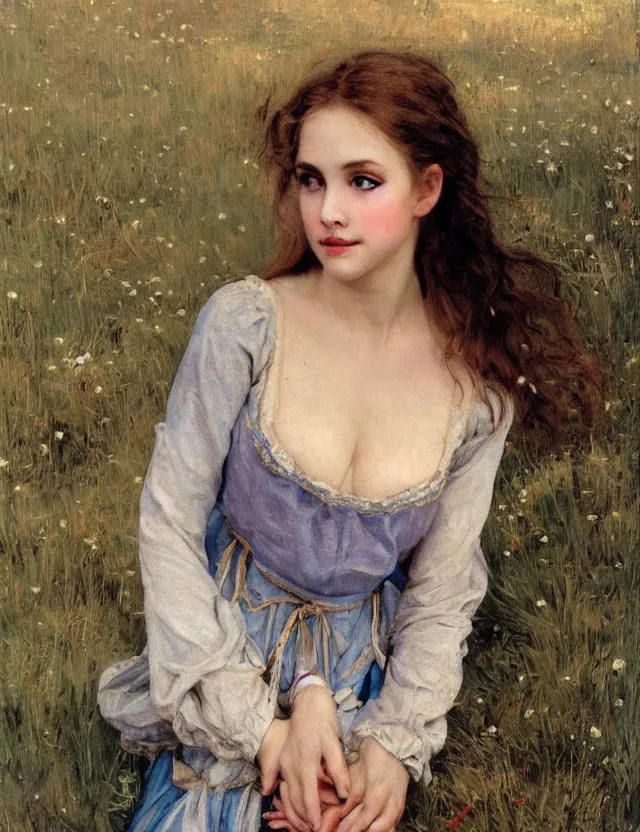 Image similar to tempting peasant girl with deep seductive décolleté looking in the camera, on a village, high angle view, portrait, Cinematic focus, Polaroid photo, vintage, neutral colors, soft lights, foggy, by Steve Hanks, by Serov Valentin, by lisa yuskavage, by Andrei Tarkovsky 8k render, detailed, oil on canvas