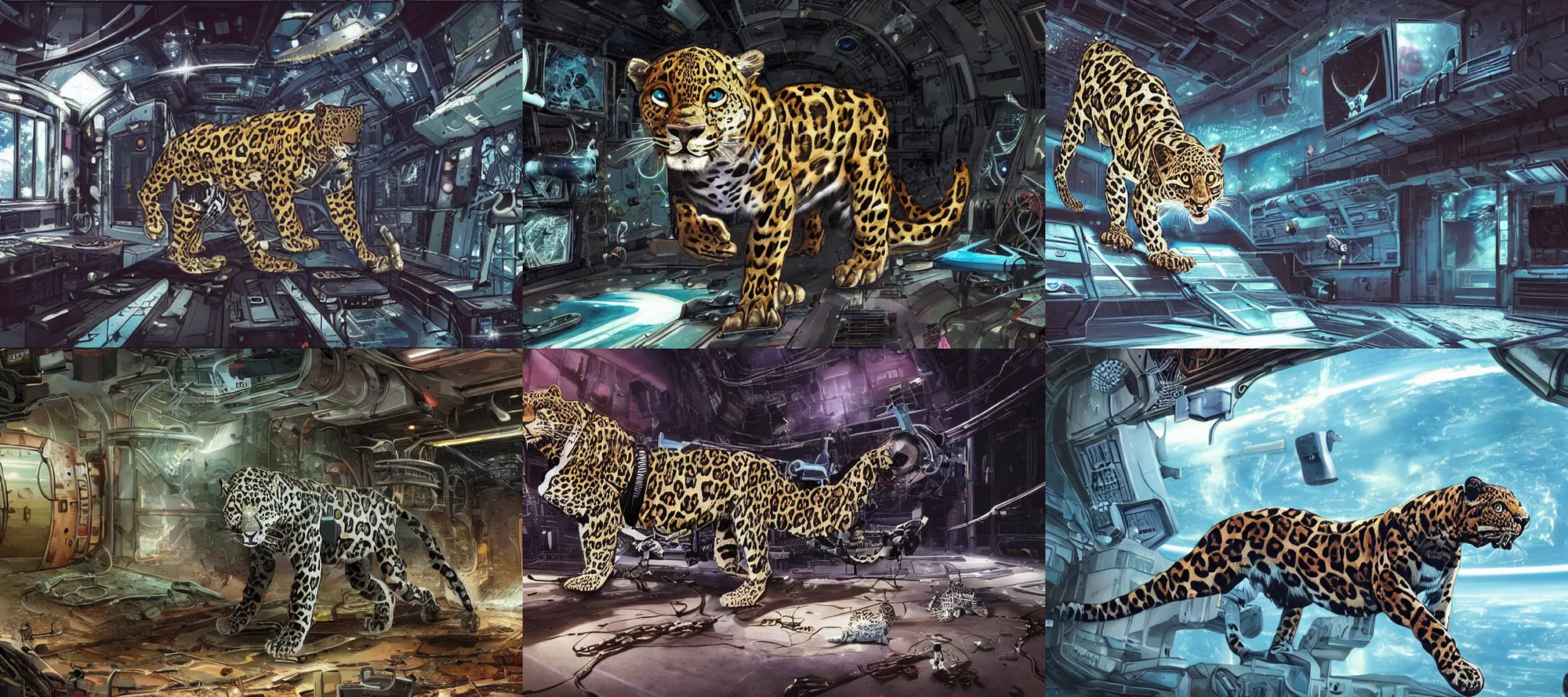 Prompt: A cyborg leopard prowls an abandoned space station