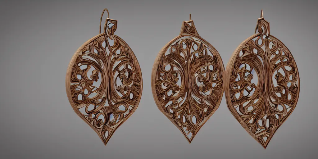 Image similar to earring design, jewelry design, wood, nordic, art deco, intricate, elegant, material, product design, trending on artstation, cgsociety, photo realistic, design by ziva cph and isabel lennse and kalevala, 8 k, unreal engine, c 4 d