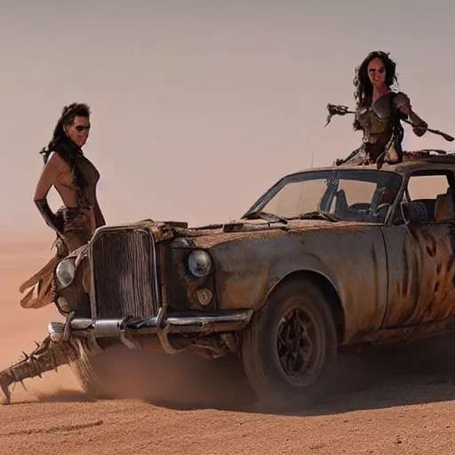 Image similar to a film still from the movie mad max fury road of the anthropomorphic cheetah raiders driving around in the post apocalyptic wasteland gal gadot