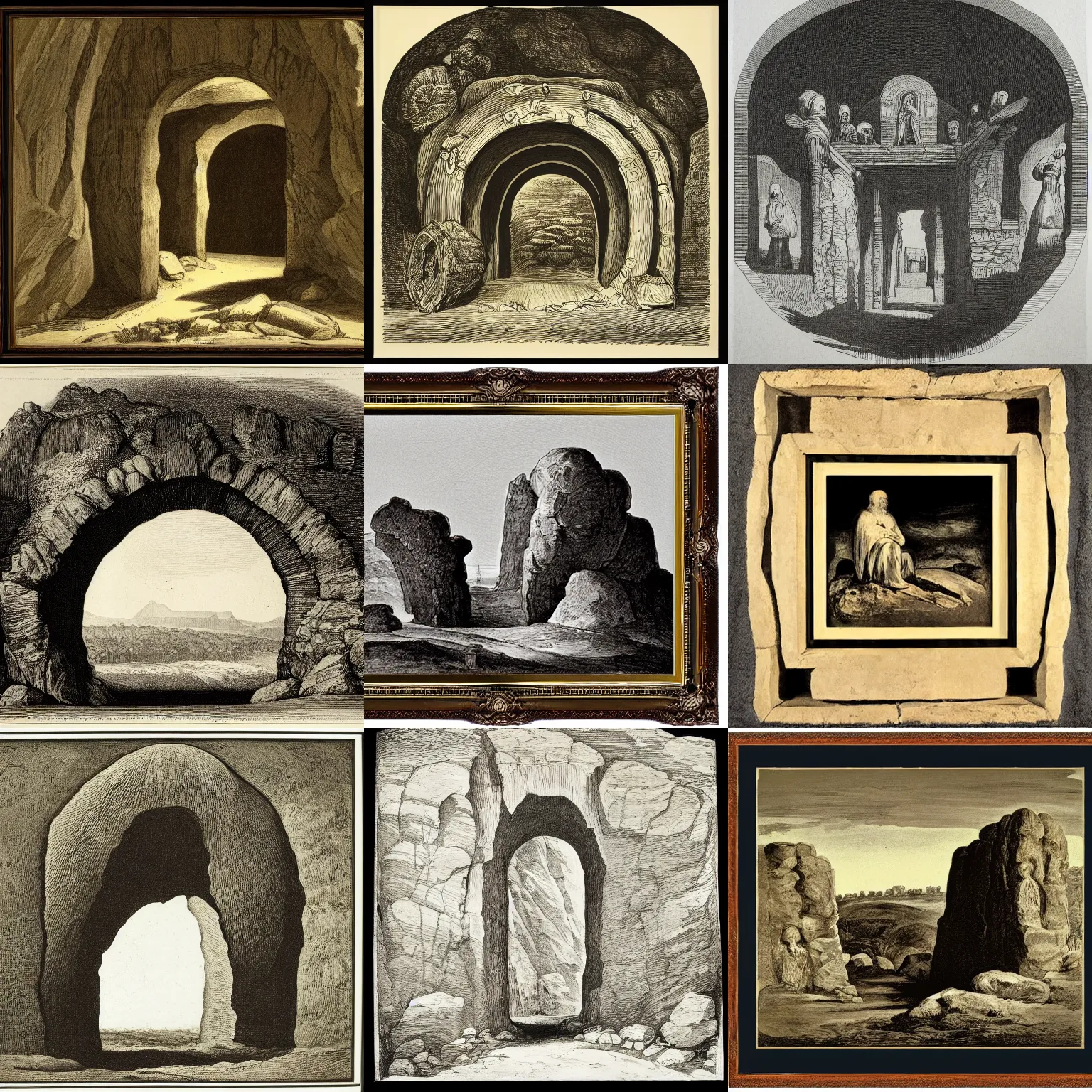 Prompt: a spiritual frame selknam stone arch, engraving by goya, aboriginal, symmetrically centered, close shot