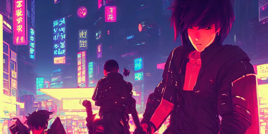 Image similar to digital illustration closeup of cyberpunk samurai in city street at night by makoto shinkai, ilya kuvshinov, lois van baarle, rossdraws, basquiat | afrofuturism, in the style of hearthstone, trending on artstation | cool color scheme