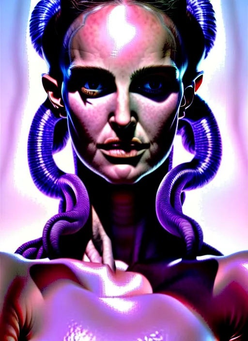 Image similar to Medusa, Natalie Portman, portrait, very detailed, dramatic lighting, electrical details, high details, 4k, 8k, trending on artstation, by Greg Rutkowski, Wayne Barlowe, Hajime Sorayama and Boris Vallejo