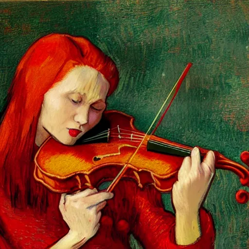 Image similar to woman with red hair red dress at the center of the stage playing redwood violin, artistic, renaissance, soft, detailed, vincent van gogh, greg rutowski, michaelangelo, artwork of the century, precision