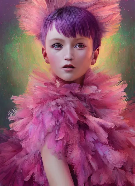 Image similar to beautiful little girl with an pink eccentric haircut wearing an dress made of feathers dancing on stage, artwork made by ilya kuvshinov, inspired in donato giancola, hd, ultra realistic, reflection, flowers, light, realistic face, bird