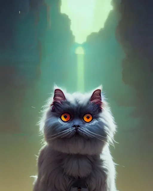 Image similar to highly detailed surreal vfx portrait of a persian cat, stephen bliss, unreal engine, greg rutkowski, loish, rhads, beeple, makoto shinkai and lois van baarle, ilya kuvshinov, rossdraws, tom bagshaw, alphonse mucha, global illumination, detailed and intricate environment