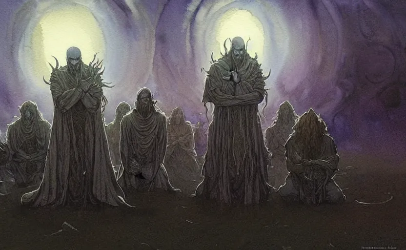 Image similar to a hyperrealist watercolour character concept art portrait of a group of pagan men kneeling down in prayer to a tall elegant lovecraftian alien on a misty night on the moors of ireland. a battlecruiser starship is in the background. by rebecca guay, michael kaluta, charles vess and jean moebius giraud