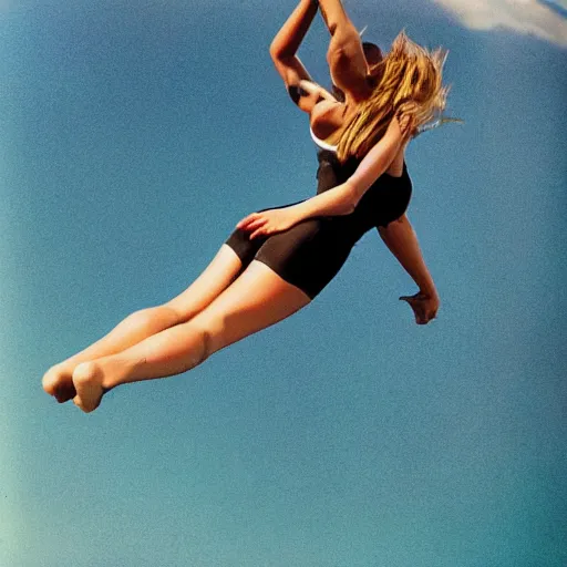 Image similar to extremely realistic photograph of a beautiful woman doing push-ups on a paraglided, 35mm photograph