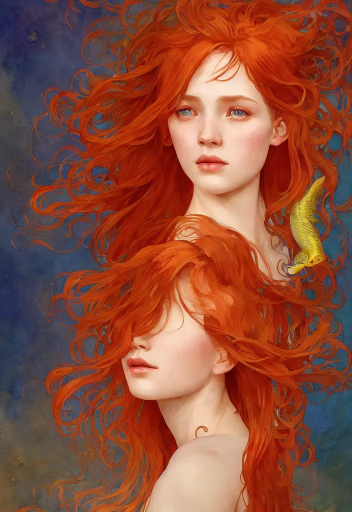 Image similar to beautiful watercolor painting of a young red hair woman surrounded by golden fish, intricate, elegant, highly detailed, digital painting, artstation, concept art, smooth, sharp focus, art by krenz cushart and artem demura and alphonse mucha, dynamic lighting, full body shot, ultrarealistic, cinematic, octane render, 8 k