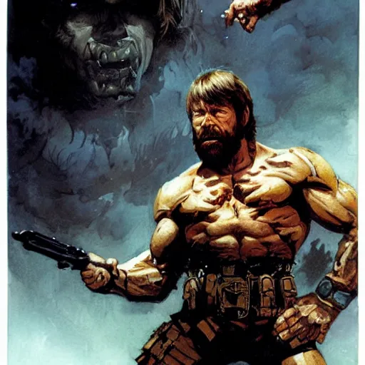 Image similar to cinematic action shot freeze frame portrait of Chuck Norris using another Chuck Norris as a weapon to fight evil by greg rutkowski and frank frazetta and peter mohrbacher and marc silvestri