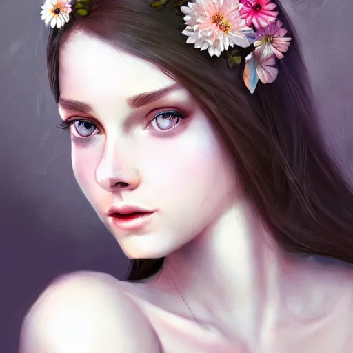 Image similar to character concept portrait of a beautiful woman with pale face, flowers in her hair, intricate, elegant, digital painting, concept art, smooth, focus, rim light