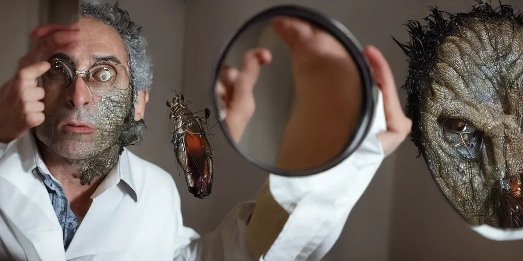 Image similar to ultra wide angle photo of jeff goldbloom dressed as seth brundle is looking at himself in a bathroom mirror and seeing his reflection as the fly, a mutated insect version of jeff goldbloom