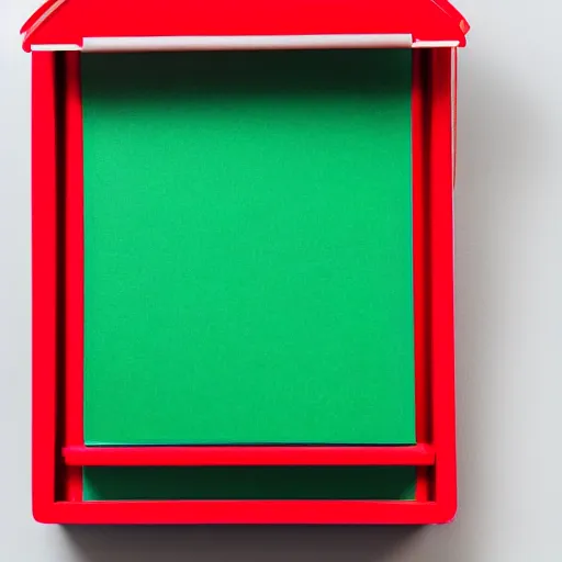 Image similar to red box on a blue box under a green box on a white background, studio