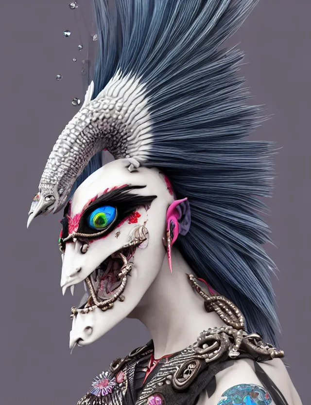 Image similar to 3 d goddess close - up profile portrait punk with mohawk with ram skull. beautiful intricately detailed japanese crow kitsune mask and clasical japanese kimono. betta fish, jellyfish phoenix, bio luminescent, plasma, ice, water, wind, creature, artwork by tooth wu and wlop and beeple and greg rutkowski