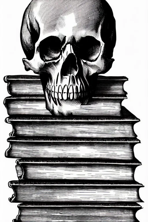 Image similar to one photo realistic skull on a stack of ancient books, art by albrecht durer and piranesi, black ink sketch, black and white, vector, vector art