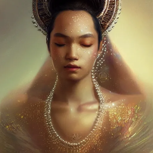 Image similar to a beautiful portrait of a pearl goddess with glittering skin by greg rutkowski and raymond swanland, trending on artstation, ultra realistic digital art