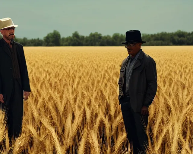 Image similar to extreme long shot of walter white wearing a black hat and gustavo fring standing facing each other from a distance in a wheat field, insanely detailed, low angle, side view, perfect angle, 8 5 mm photograph, 8 k resolution, wide shot, sharp lens, cinematic