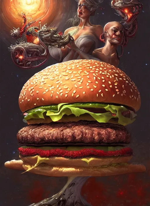 Prompt: xtudo hamburguer stand, cosmic horror painting, elegant intricate digital painting artstation concept art by mark brooks and brad kunkle extreme detailed