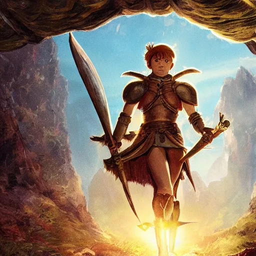 Prompt: a ultra detail picture portrait of A warrior in shimmering armor, the sun at their back, strides forward with sword held high. They are the embodiment of courage and strength, and they are ready to fight for what is right. vivid tones, wide angle, by miyazaki, nausicaa ghibli, 8k, photorealistic,