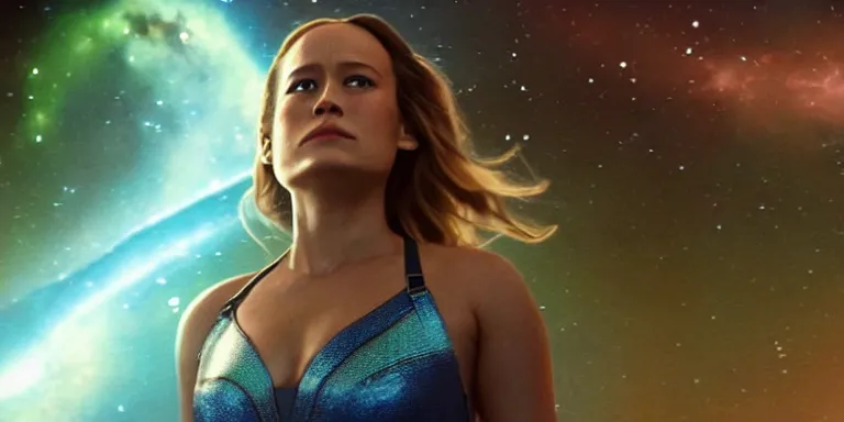 Image similar to film still of unrealistically curvy brie larson, focus on facial - detail!!!!!!, walking on the bifrost, toward an endless abyss in space, wearing a flowy bikini inspired by ancient roman clothing, beautiful astronomical background with galaxies and nebulas, lack of sunlight, 8 k resolution, cinematic lighting, anatomically correct, by christopher nolan