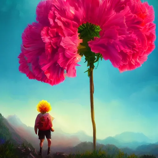 Image similar to giant carnation flower as a head, girl hiking in the mountains, surreal photography, sunrise, dramatic light, impressionist painting, colorful clouds, digital painting, artstation, simon stalenhag