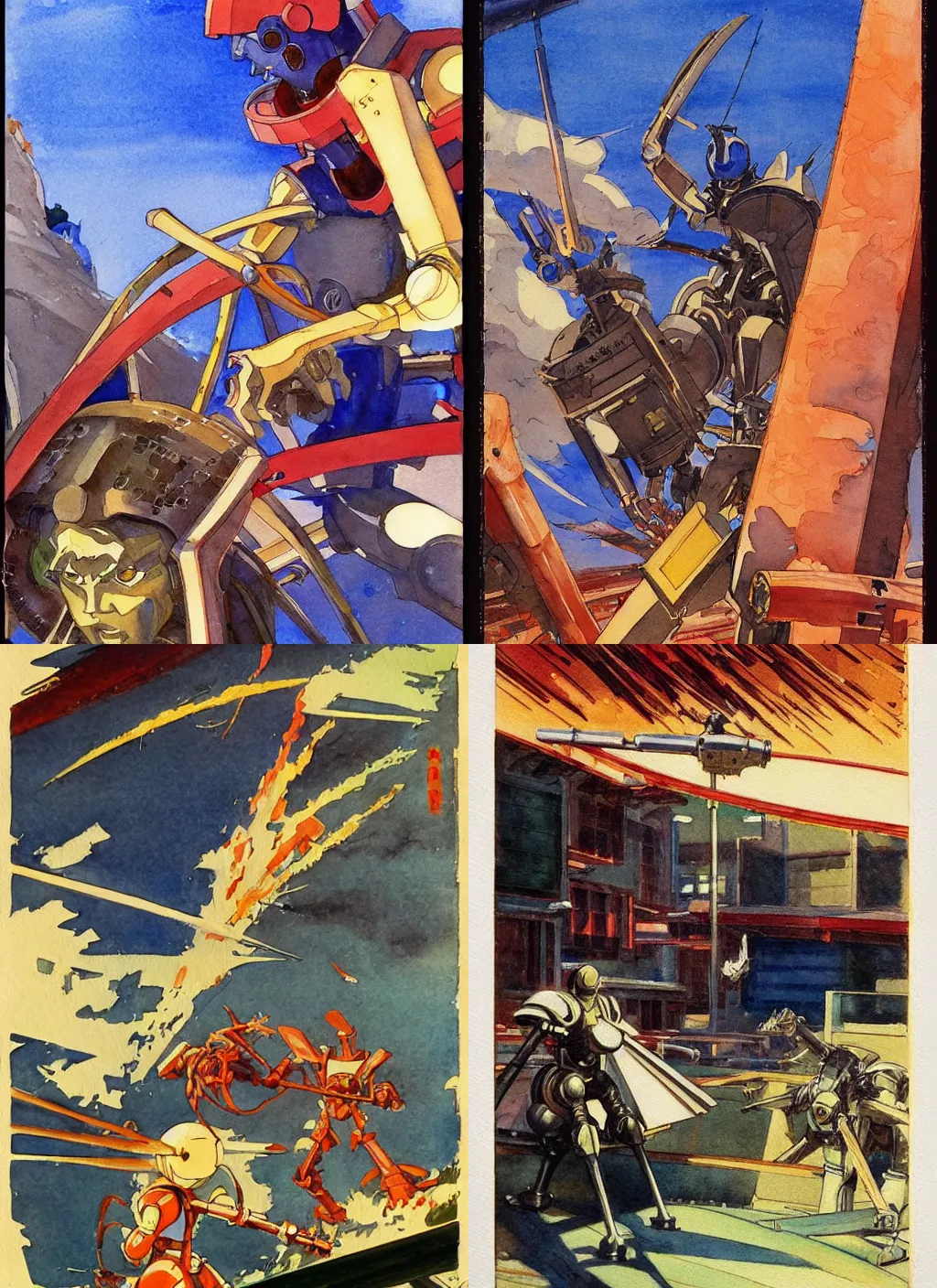 Prompt: vintage anime cinematic robot warrior battle scene by Edward Hopper, watercolor concept art by Syd Mead, by william herbert dunton, watercolor strokes, japanese woodblock, by Jean Giraud