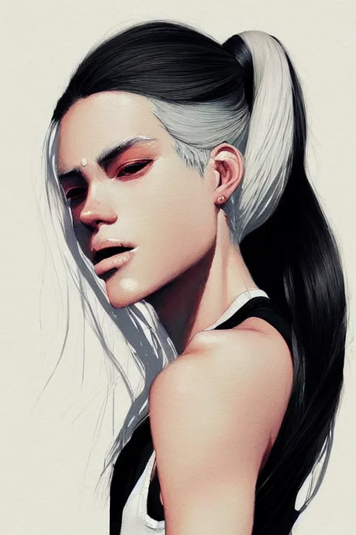 Image similar to a ultradetailed beautiful painting of a stylish woman in with white hair in a ponytail, she is wearing a black tank top, by conrad roset, greg rutkowski and makoto shinkai trending on artstation