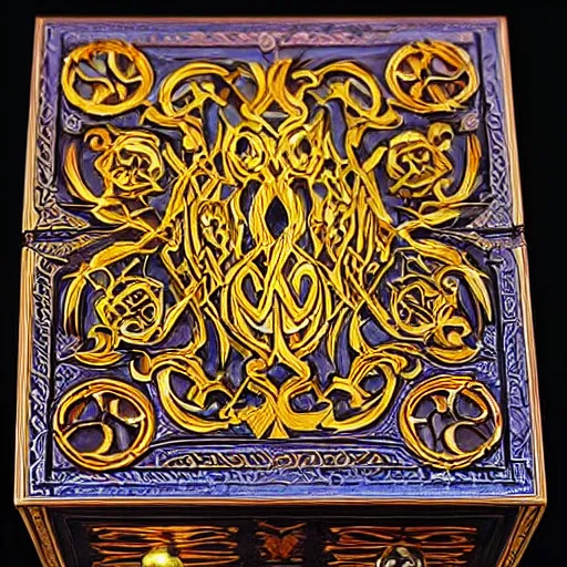 Image similar to a beautiful and vivid and colorful andreas rocha magic the gathering fantasy illustration of a beautiful engraved wooden pandora's box with inlaid jewels and gold filigree scrollwork.