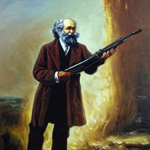 Prompt: karl marx firing an ak47, oil on canvas, very detailed