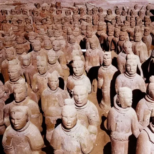 Image similar to full - color 1 9 7 2 photo of dozens of terra - cotta warrior sculptures being excavated from a buried ancient alien temple on the moon by archaeologists wearing space - suits at a dig - site. high - quality professional journalistic photography from time magazine.