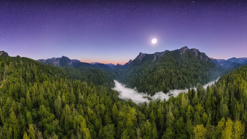 Image similar to Panoramic photo where the mountains are towering over the valley below their peaks shrouded in mist. The moon is just peeking over the horizon and the sky dark purple. The sky is blanketed with shiny stars. The river is winding its way through the valley and the trees are a vivid green